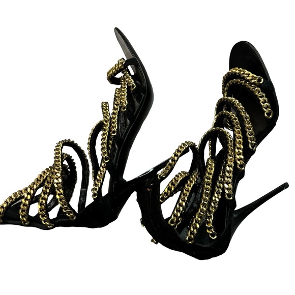 Guiseppe Zanotti Black Suede Gold Chain Gladiator Sandals Size 40 Open Toe Heels - Picture 9 of 13